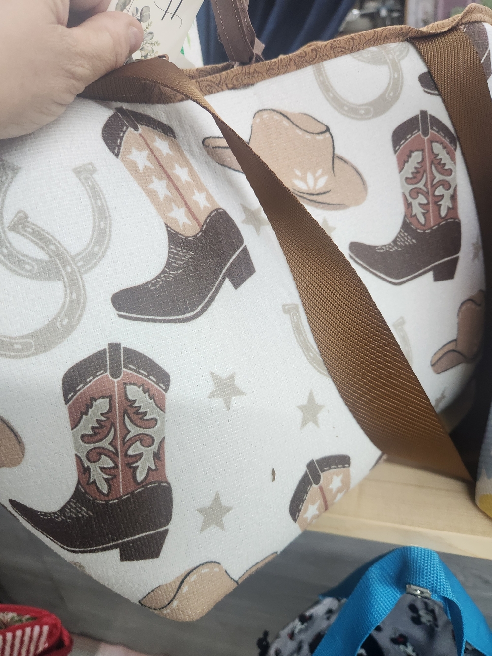 Handmade Cowboy Boot Print Canvas Tote Bag - Brown & Tan